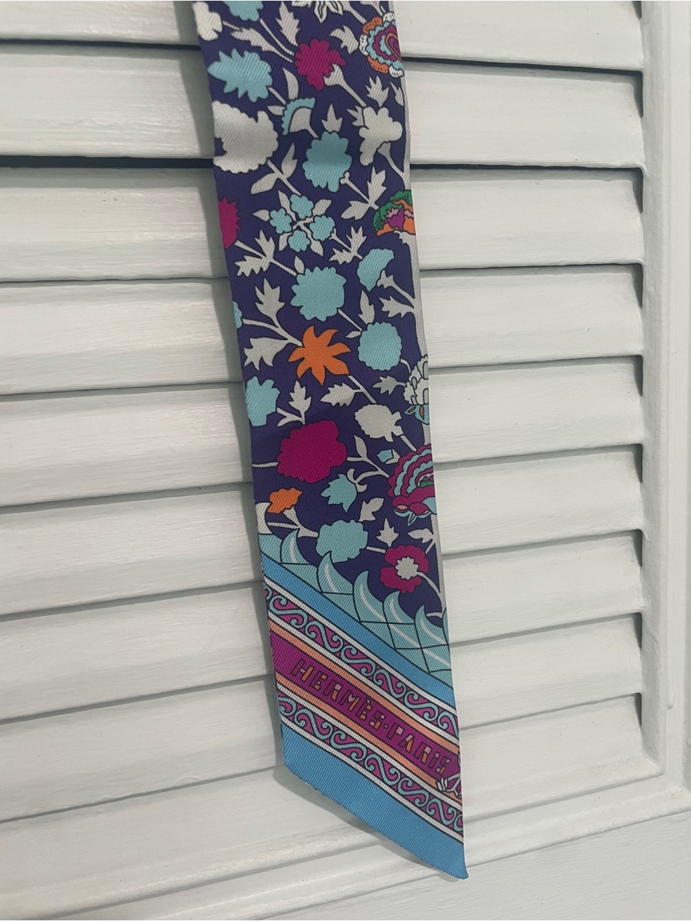 Hermes Floral Silk Skinny Scarf in Purple, Aqua & Fuchsia